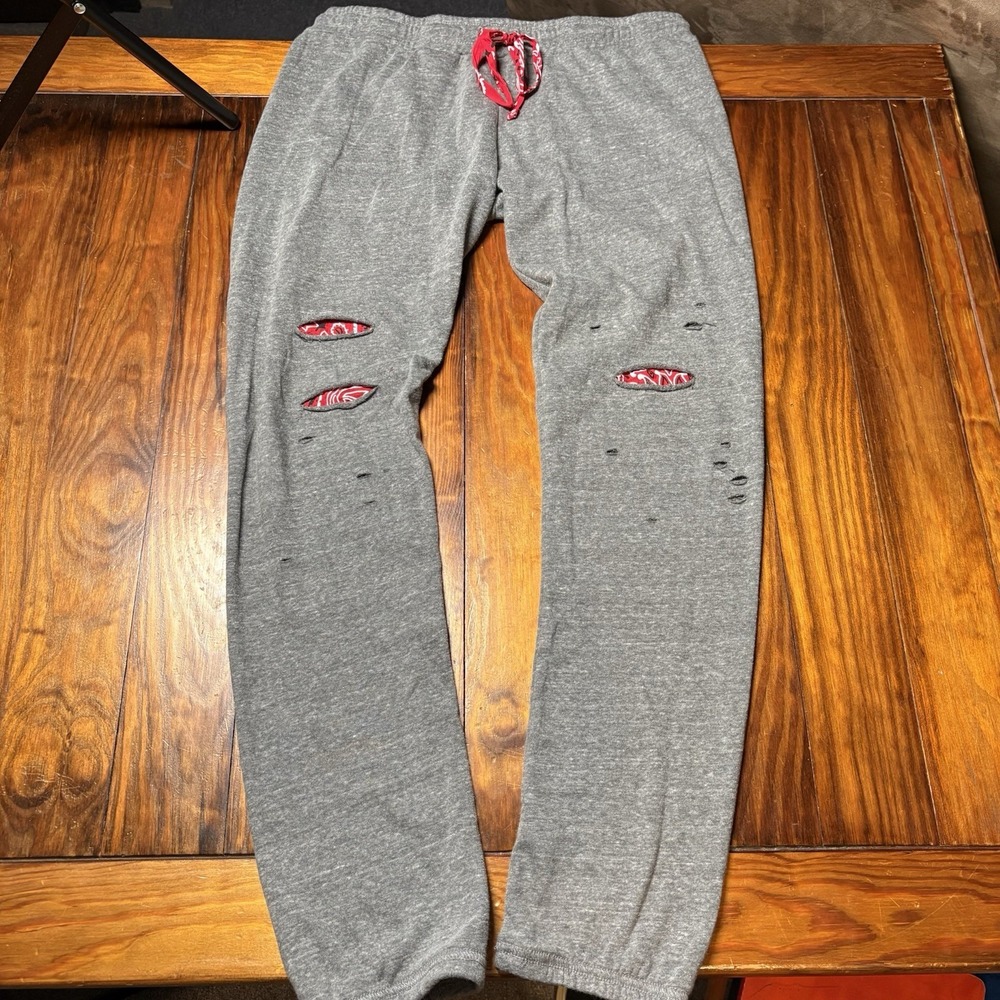 Lauren Moshi Bandana Lips Distressed Classic Sweatpants Red Gray Sz M A1410